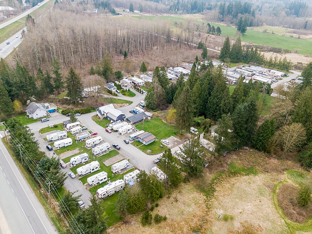 Nine-acre, 58-pad park in Langley, B.C. with 28 RV sites and expansion potential is listed at $8.29 million.